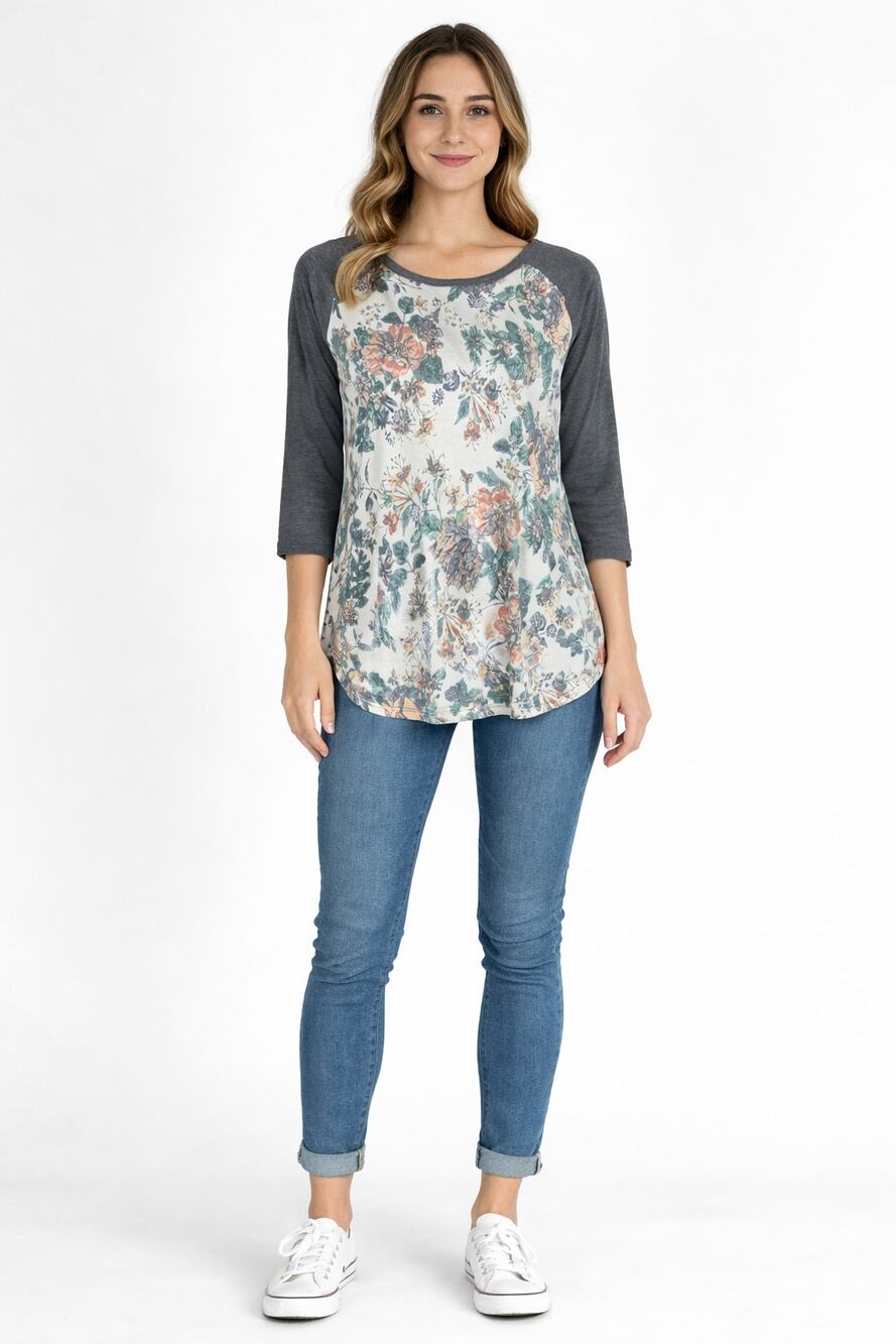 Mittoshop Floral 3/4 Sleeve Baseball Tee Shirt Womens Size Large Grey White New